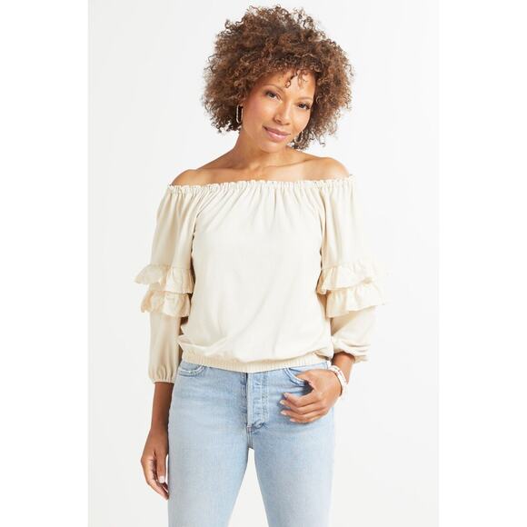 Evereve Cory Knit Ruffle Off the Shoulder‎ Top Cream Small - Picture 9 of 9